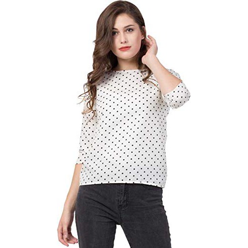 Women's Regular Fit Printed Crepe Round Neck 3/4 Sleeves Casual Tops White