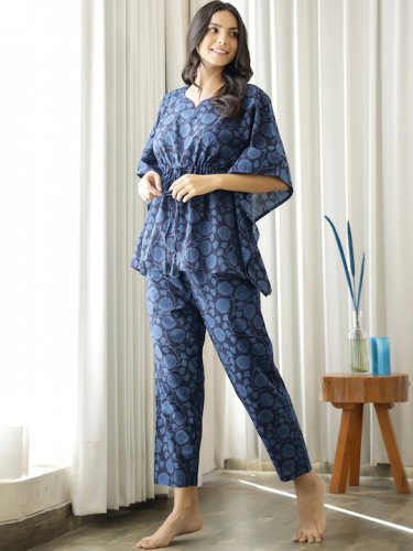 Women Navy Blue Printed Pure Cotton Night suit