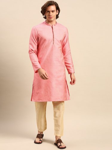 Men Pink Woven Design Kurta with Pyjamas