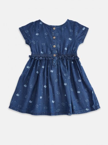 Girls Blue Printed Fit & Flare Dress
