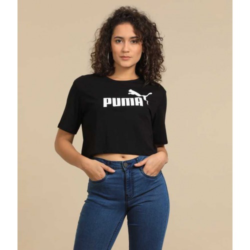Printed Women Round Neck Black T-Shirt