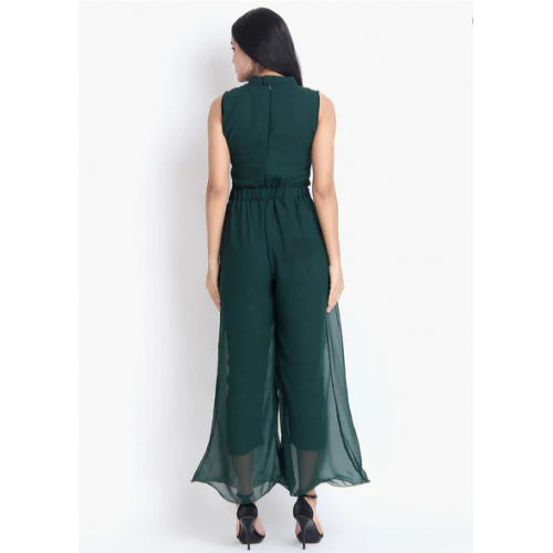 Jumpsuit with Neck Tie-Up- Bottle Green