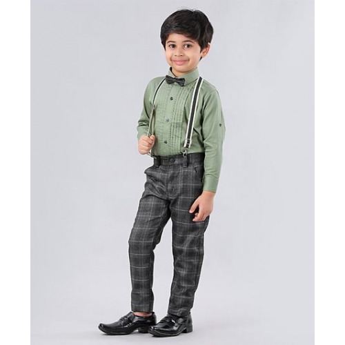 Dapper Dudes Full Sleeves Shirt With Checkered Pants & Bow Tie Suspenders With Cap - Green