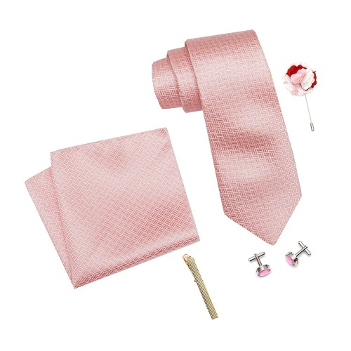 Mens Plaid Micro Self Silk Light Pink Necktie Gift Set With Pocket Square Cufflinks Brooch Pin Men Tie Clip Formal Tie With Wooden Box For Gifting 