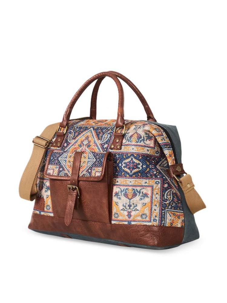 Blue & Brown Large Duffel Bag with Outside Pocket and Stylish Design