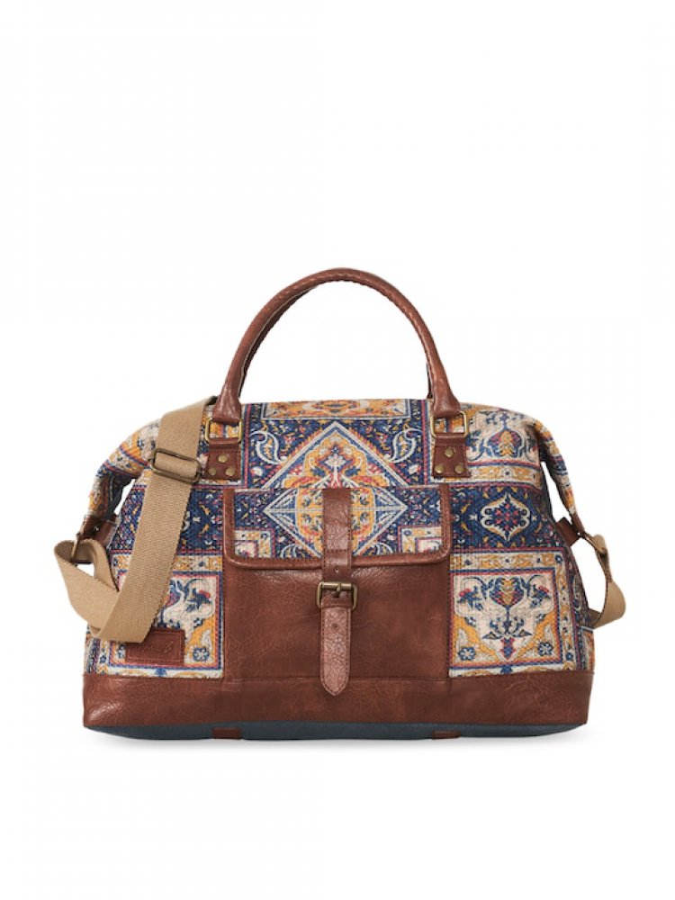 Blue & Brown Large Duffel Bag with Outside Pocket and Stylish Design