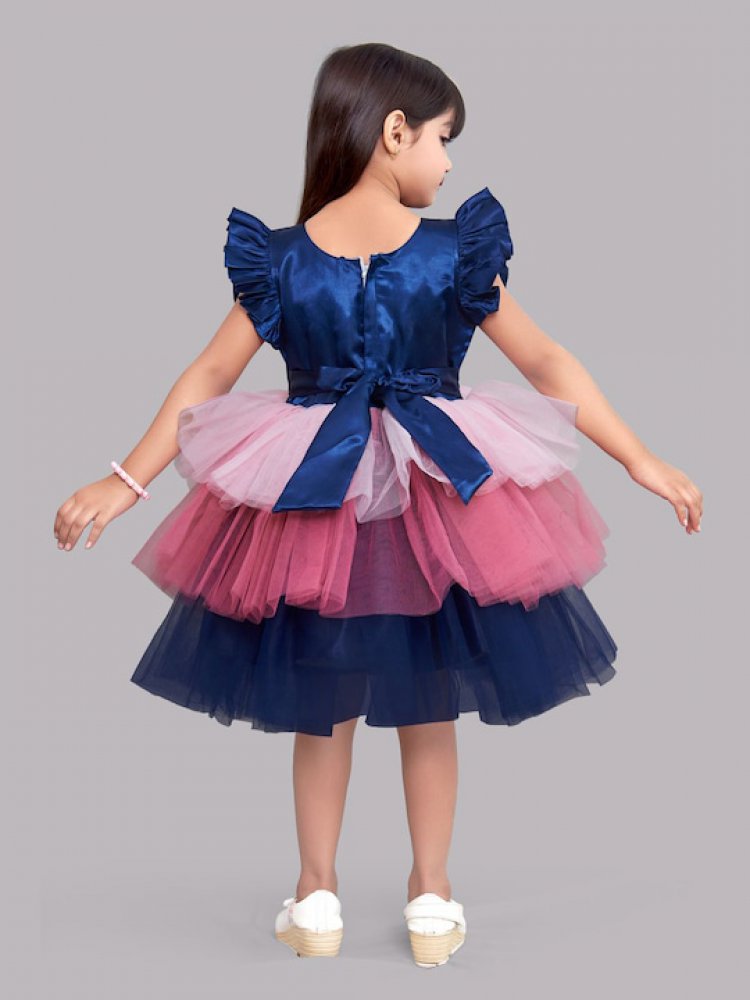 Navy Blue & &Pink Colourblocked Layered Satin Dress
