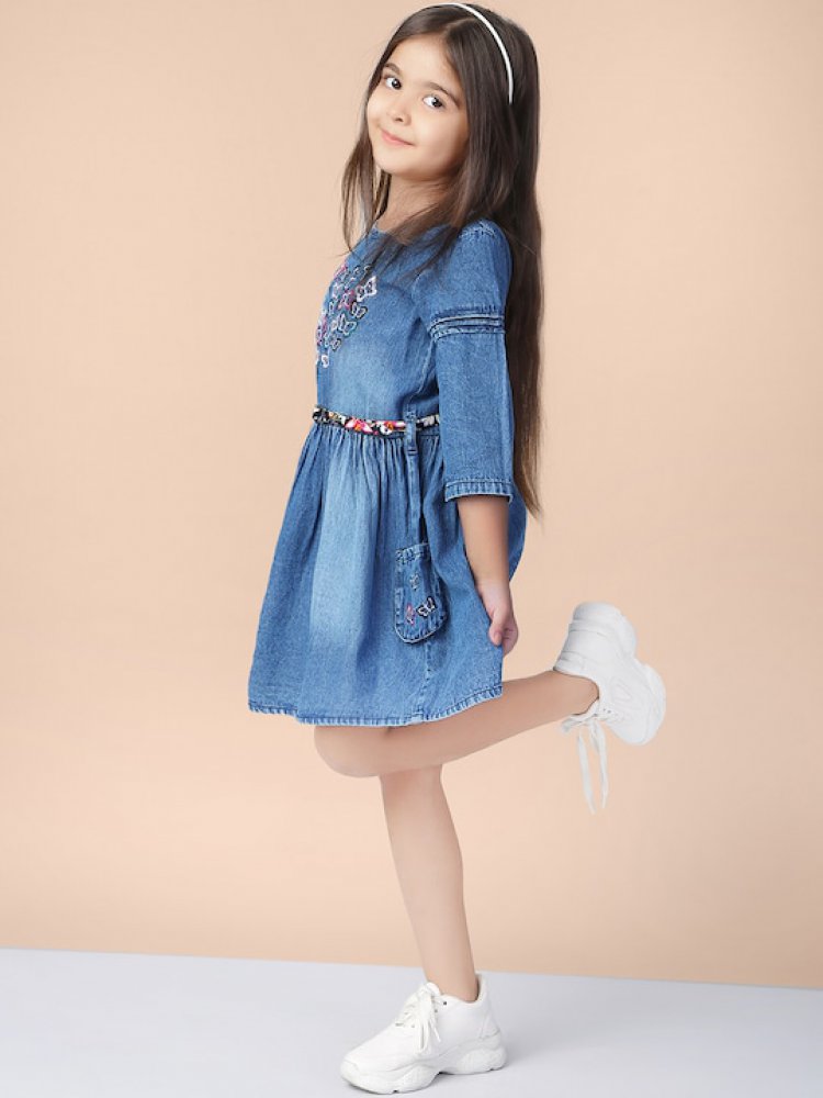 Girls Blue Printed Denim Fit and Flare Dress