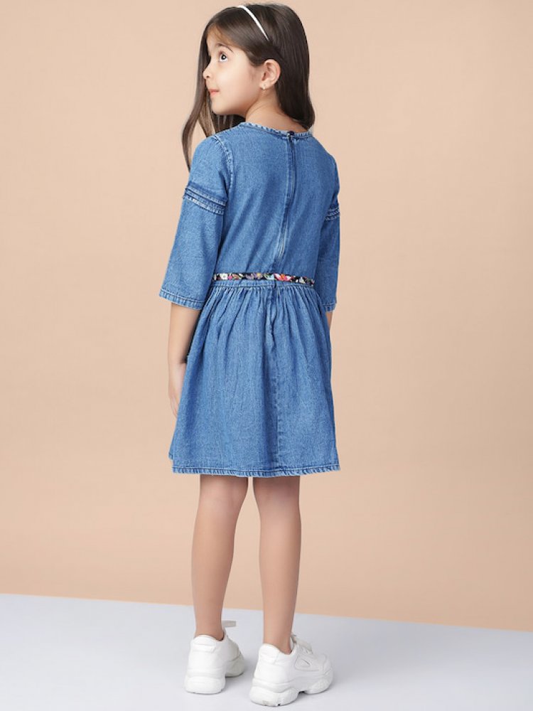 Girls Blue Printed Denim Fit and Flare Dress