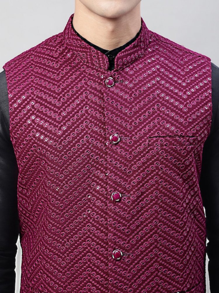 Mandarin Collar Embroidered Sequins Nehru Jacket