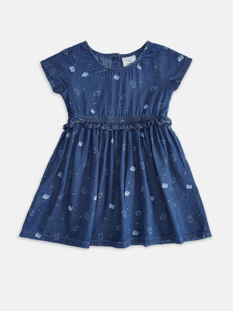 Girls Blue Printed Fit & Flare Dress