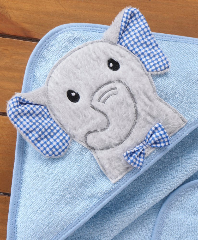 Babyhug Woven Terry Embroidered Hooded Towel Elephant Print - Blue