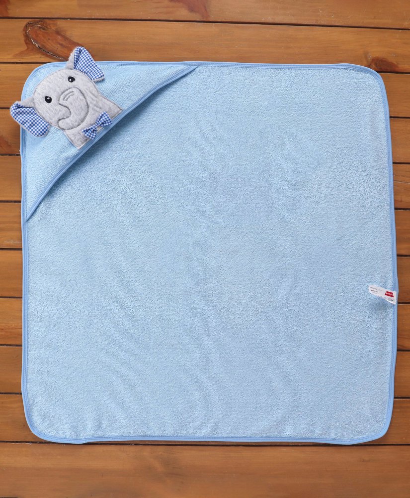 Babyhug Woven Terry Embroidered Hooded Towel Elephant Print - Blue