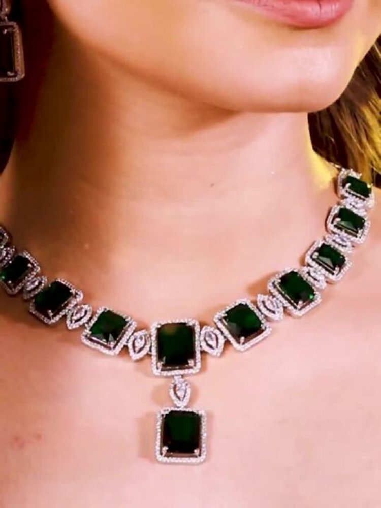Green & Silver-Plated AD Studded Handcrafted Jewellery Set
