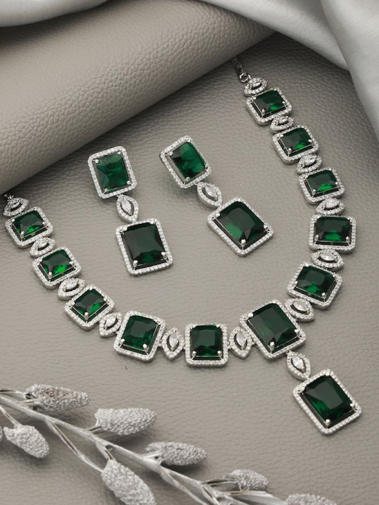 Green & Silver-Plated AD Studded Handcrafted Jewellery Set