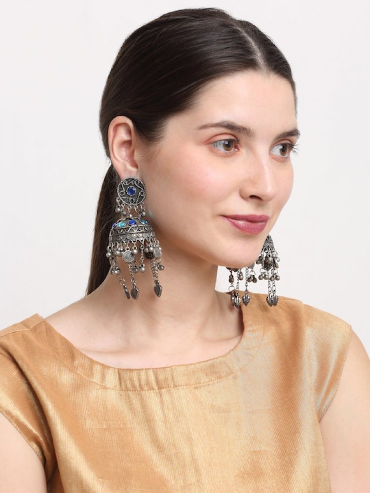 Silver-Plated Stone-Studded Jhumka Earrings