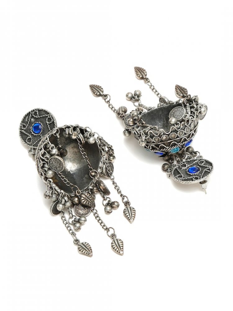 Silver-Plated Stone-Studded Jhumka Earrings